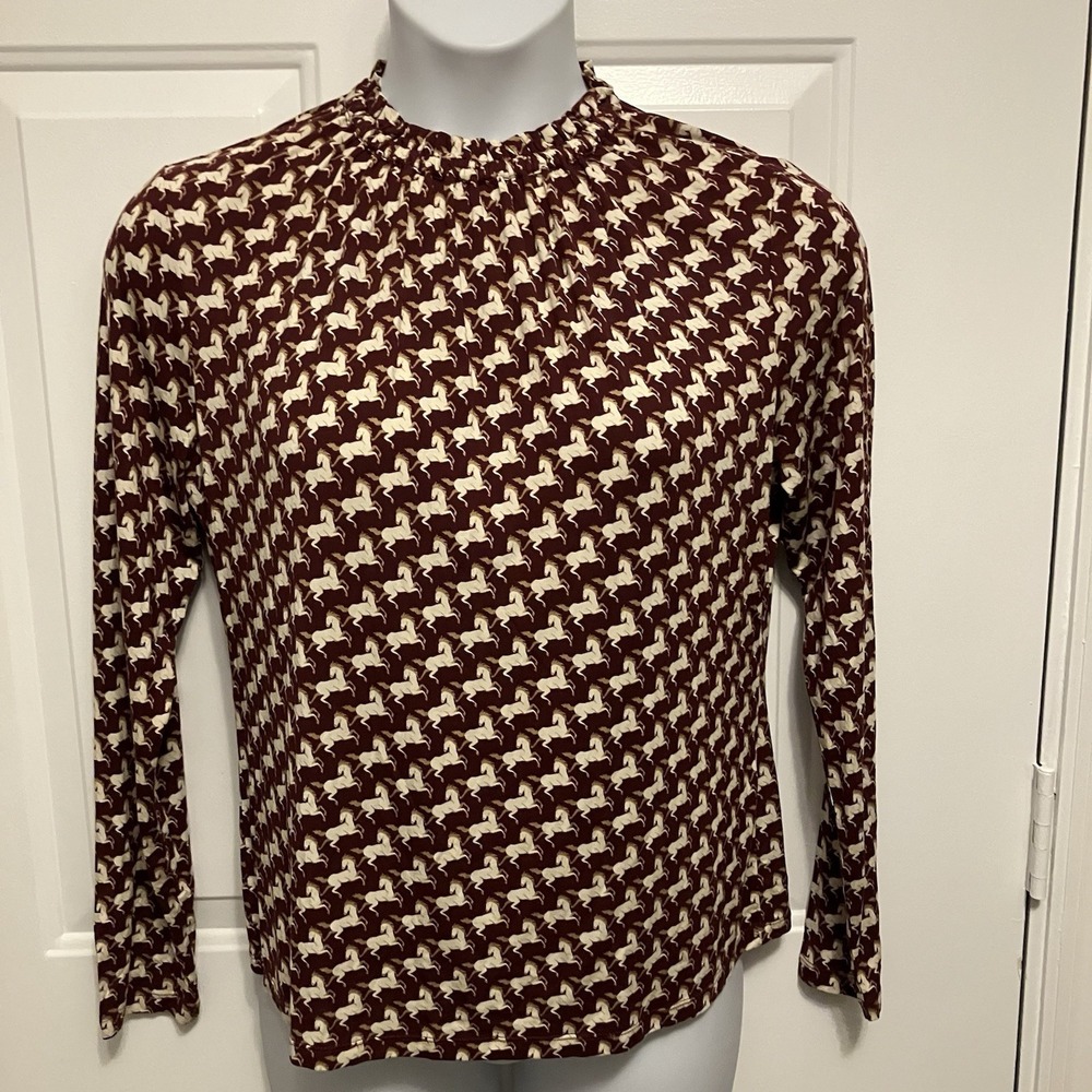 Ann Taylor Size Large Equestrian Horse Blouse Novelty Print Burgundy Women's